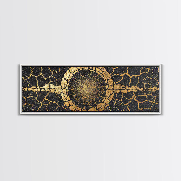 Gold Cracked Stone Circle With Cosmic Spark Wall Art, Abstract Black Art Canvas Print, Textured Modern Wall Decor, Statement Decor