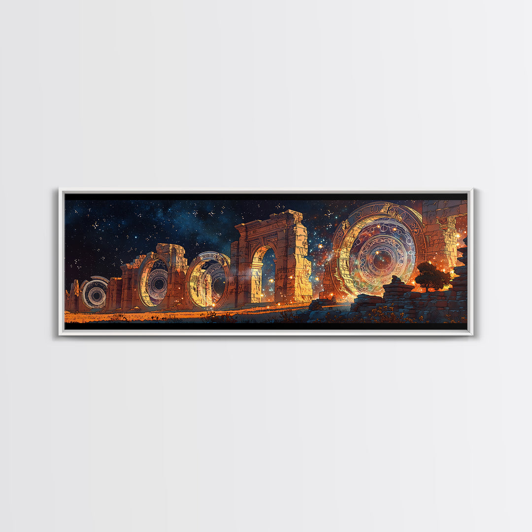 Starlit Ancient Arches With Cosmic Portals Framed Canvas Print, Mystical Wall Art, Galaxy Ruins Decor, Large Wall Art, Unique Home Decor