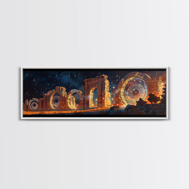 Starlit Ancient Arches With Cosmic Portals Framed Canvas Print, Mystical Wall Art, Galaxy Ruins Decor, Large Wall Art, Unique Home Decor