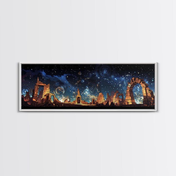 Starry Temple Ruins With Blue Gold Celestial Sky Wall Art, Framed Canvas Print, Mystical Decor, Large Statement Wall Decor