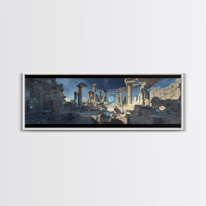 Blue Futuristic Column Ruins With Digital Grid Canvas Print, Modern Wall Art, Sci Fi Office Decor, Large Wall Decor, Unique Home Decor