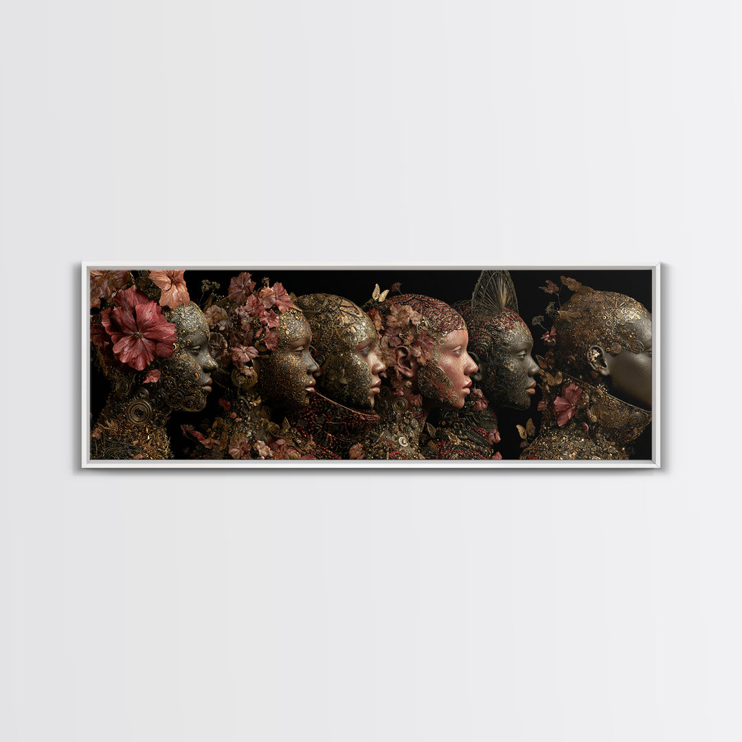 Black Goddess Floral Portrait Wall Art, Elegant Women Canvas Print, Afrocentric Luxury Decor, Dark Botanical Gift For Her
