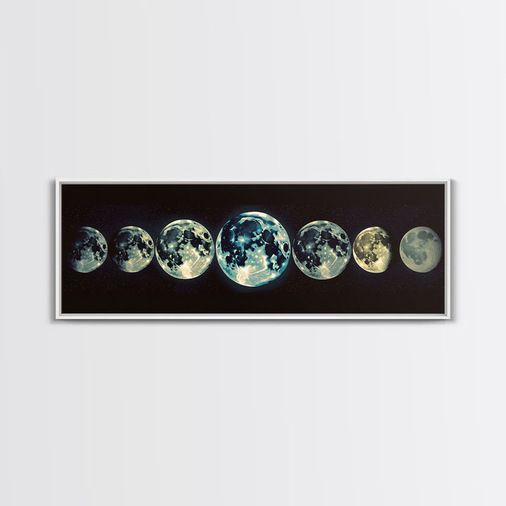 Glowing Moon Phases Canvas Print, Celestial Wall Art, Black Art Print, Dreamy Wall Art, Bedroom Wall Decor, Unique Gift, Poster