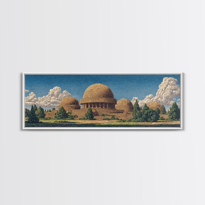 Afrofuturist Domed Village Mountains Wall Art, African Inspired Architecture Canvas Print, Teal Landscape Home Decor Gift