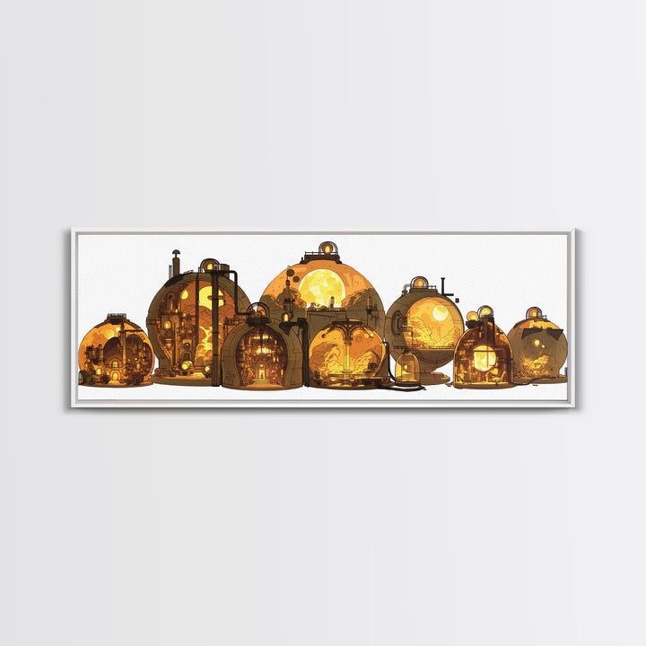 Golden Futuristic Pod Homes Canvas Print, Afrofuturism Decor, African Inspired Architecture Wall Art, Unique Home Decor Gift