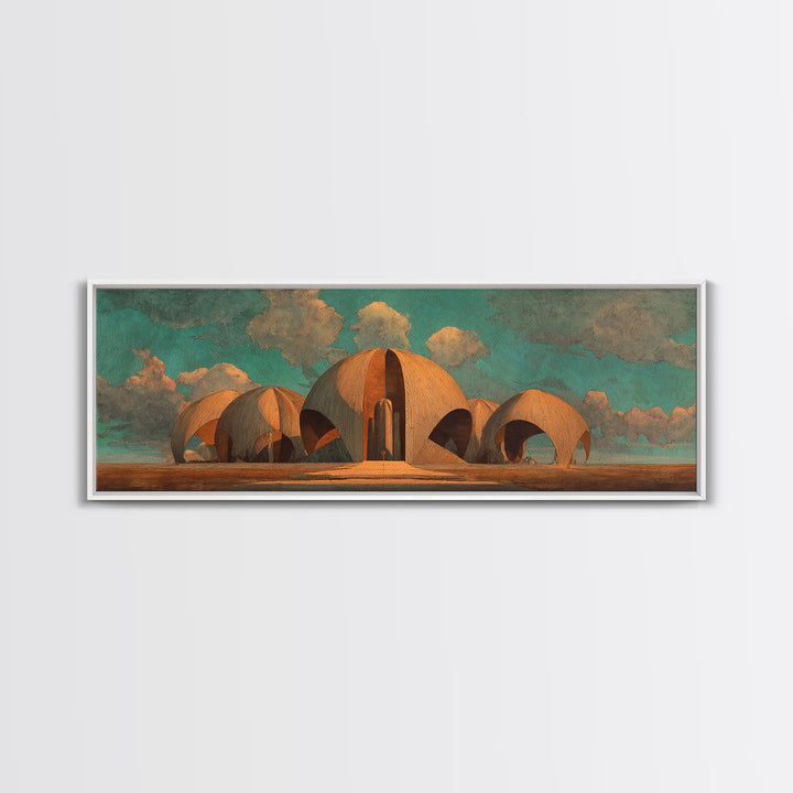 Desert Earthen Dome Sanctuary Framed Canvas Print, African Inspired Architecture Wall Art, Boho Earth Tone Home Decor Gift