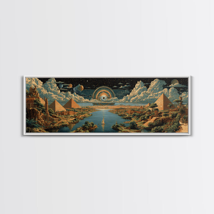 Surreal Egyptian Pyramids And Cosmic Eye Canvas Print African Landscape Art Ancient Egypt Wall Decor Mystical Travel Poster