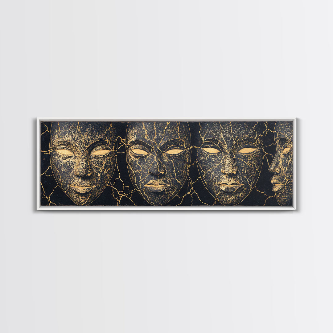 Black And Gold Cracked Mask Faces Framed Canvas Print, African Tribal Art, Elegant Afrocentric Wall Decor, Luxury Home Decor