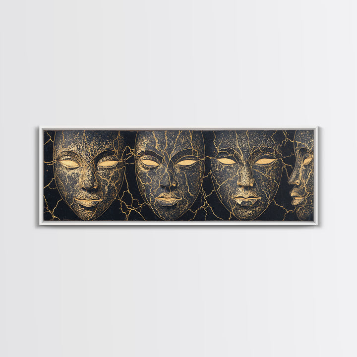 Black And Gold Cracked Mask Faces Framed Canvas Print, African Tribal Art, Elegant Afrocentric Wall Decor, Luxury Home Decor