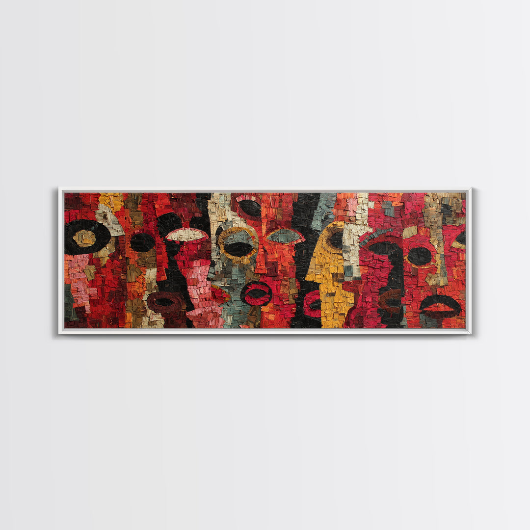Red Mosaic Tribal Mask Faces Wall Art, Abstract African Art Decor, Bold Cultural Canvas Print, Vibrant Ethnic Home Decor
