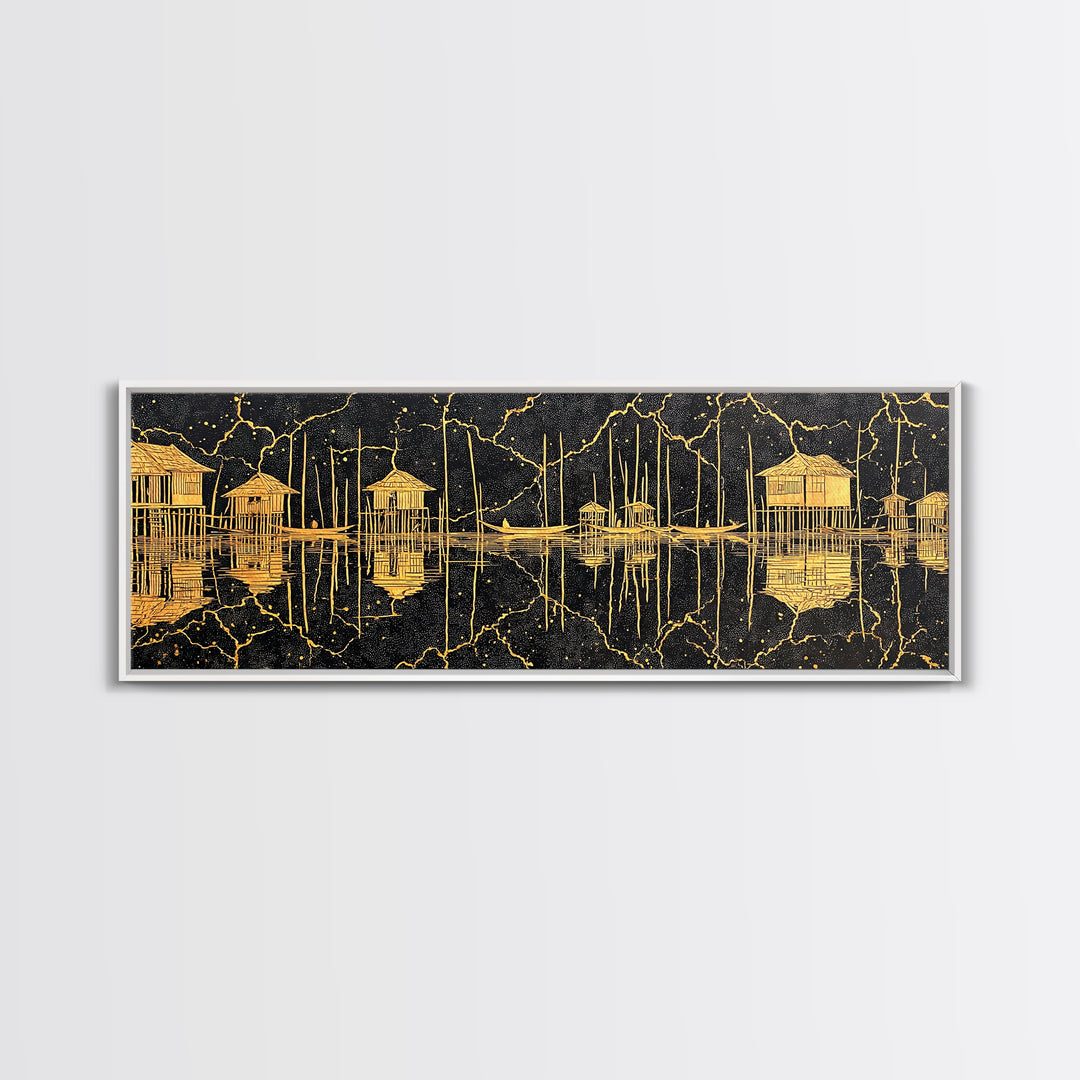 Gold Stilt Hut Reflections On Black Wall Art, Abstract Coastal Canvas Print, Luxury Modern Decor, Statement Living Room Art