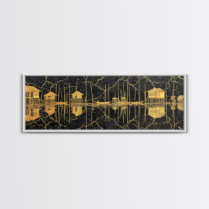 Gold Stilt Hut Reflections On Black Wall Art, Abstract Coastal Canvas Print, Luxury Modern Decor, Statement Living Room Art