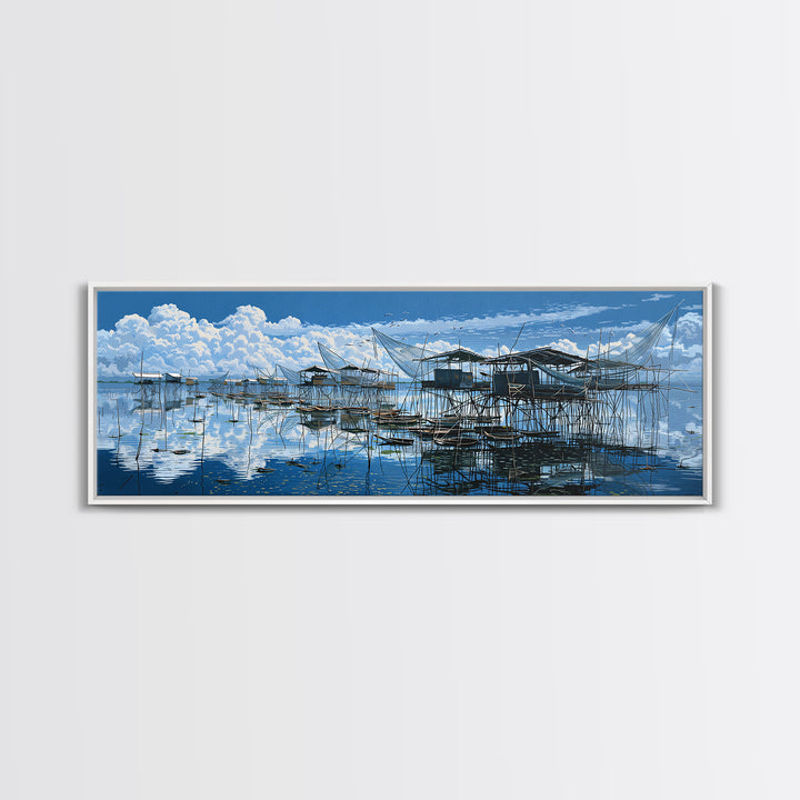 Blue Stilt Fishing Village Panorama Wall Art, Coastal Canvas Print, Bright Seascape Decor, Large Nautical Living Room Art