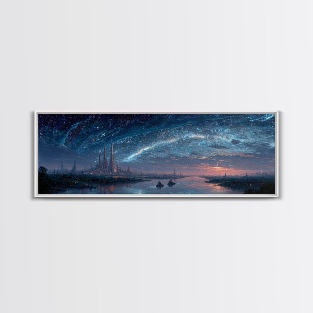 Starry Night River City Skyline Wall Art, Blue Fantasy Canvas Print, Dreamy Galaxy Decor, Large Modern Living Room Art Print