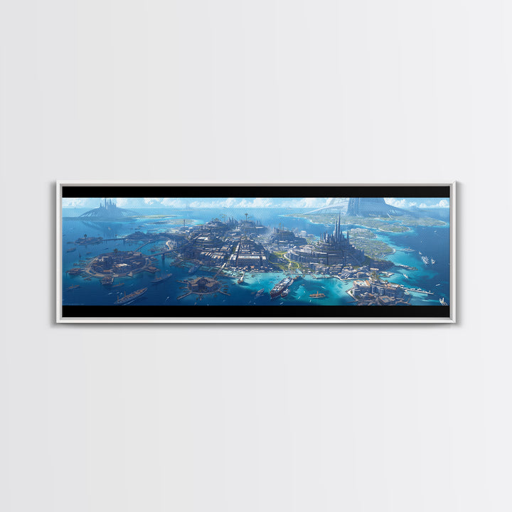 Futuristic Island Harbor City Aerial Wall Art, Turquoise Canvas Print, Epic Coastal Landscape Decor, Large Modern Wall Art