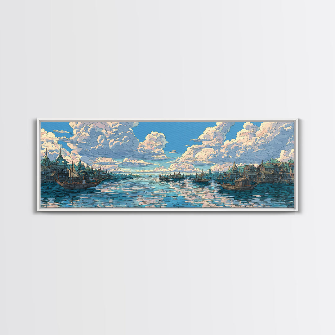 Cloud Filled Harbor Village And Calm Sea Wall Art, Pastel Blue Canvas Print, Coastal Home Decor, Large Living Room Art Print