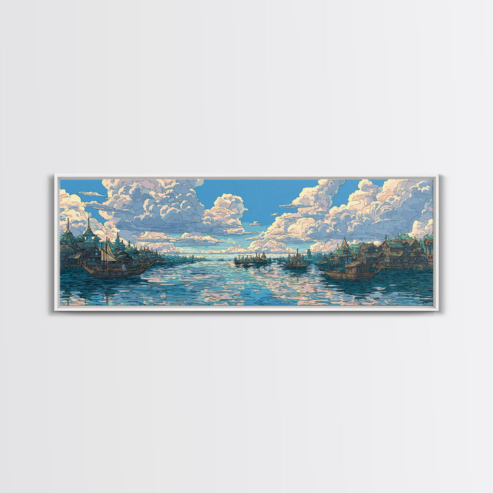 Cloud Filled Harbor Village And Calm Sea Wall Art, Pastel Blue Canvas Print, Coastal Home Decor, Large Living Room Art Print