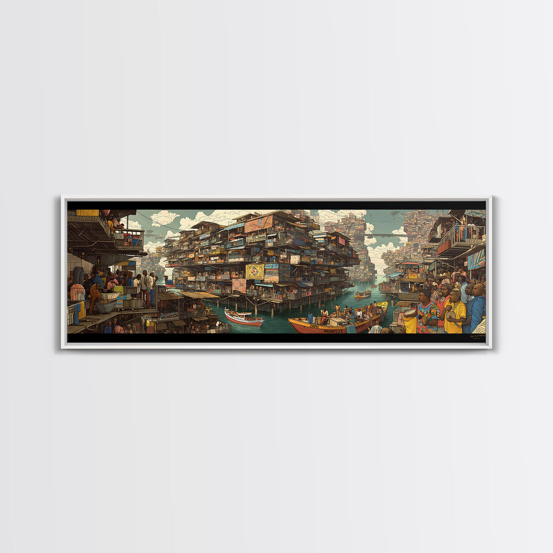 Vibrant Floating African Canal City Wall Art, Afrocentric Market Boats, Cultural Waterfront Decor, Panoramic Canvas Print