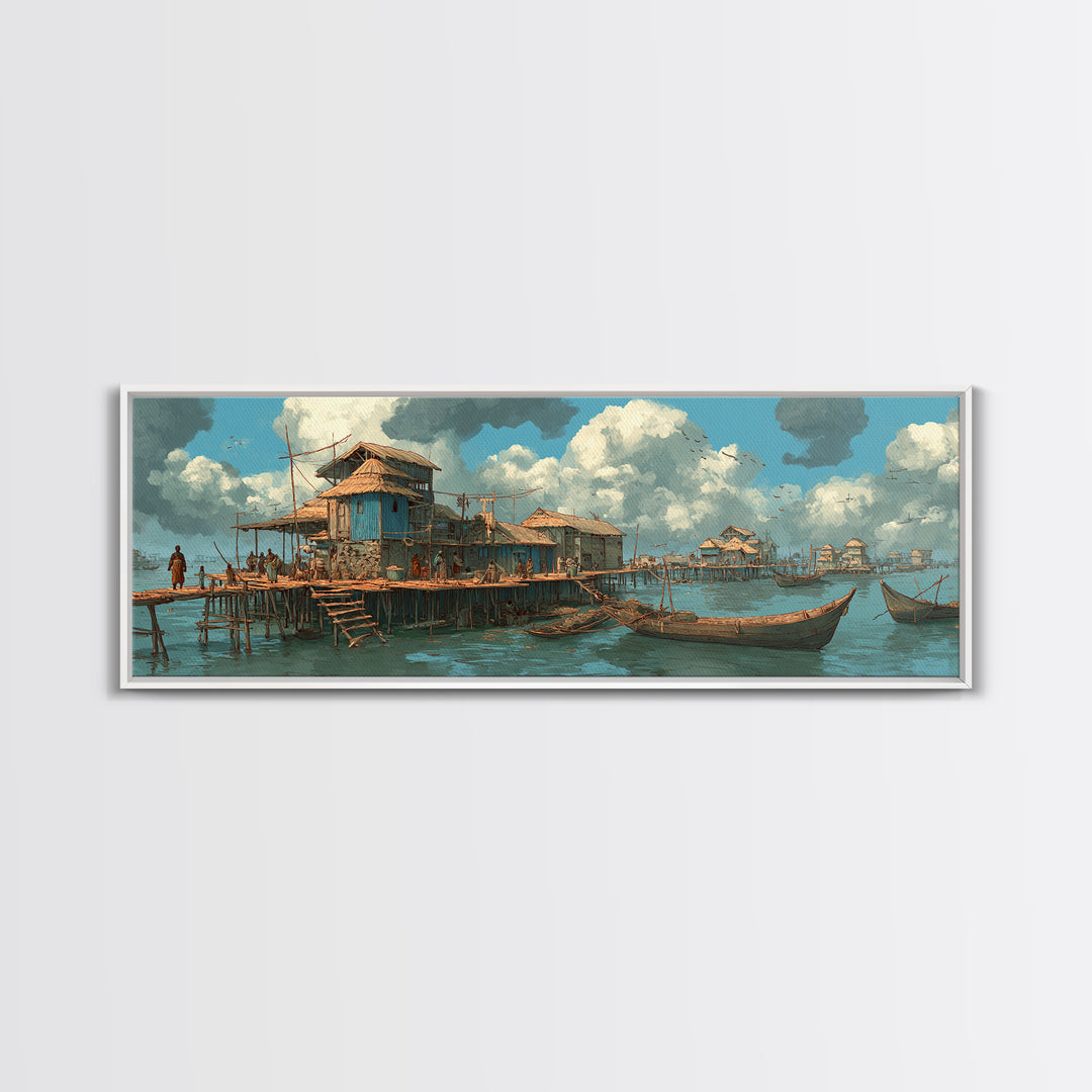 Serene African Stilt Fishing Village Canvas Print, Lagoon Boats, Coastal Culture Wall Decor, Peaceful Blue Water Panoramic Art