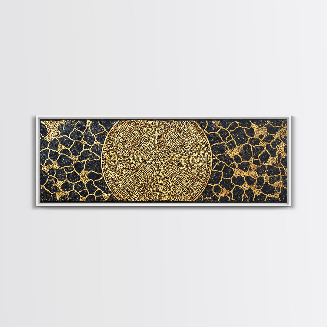 Gold African Mosaic Mandala Canvas Print, Cracked Black Texture, Luxury Abstract Wall Art, Elegant Afrocentric Home Decor