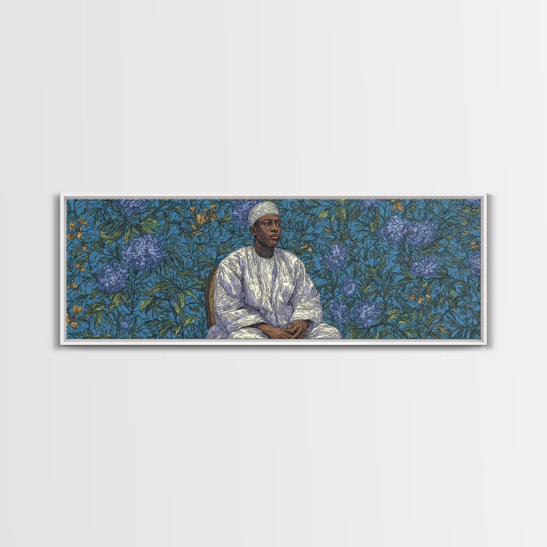 Contemplative African Man Floral Portrait Wall Art, Blue Botanical Pattern, Cultural Framed Canvas Print, Elegant Home Decor