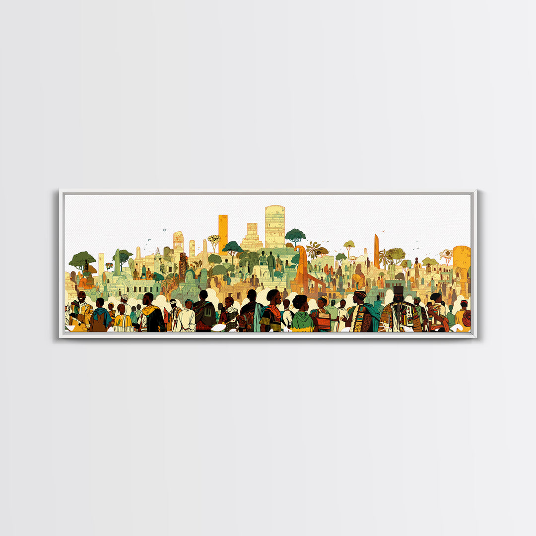 Afrofuturist African City Crowd With Skyline Wall Art, Modern African Art Print, Black Culture Decor, Urban Living Room Gift
