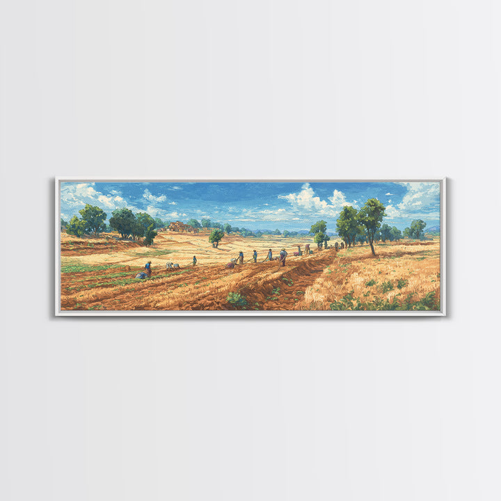 Rural African Farmers Working Golden Fields Wall Art, African Landscape Canvas Print, Safari Decor, Nature Painting Gift