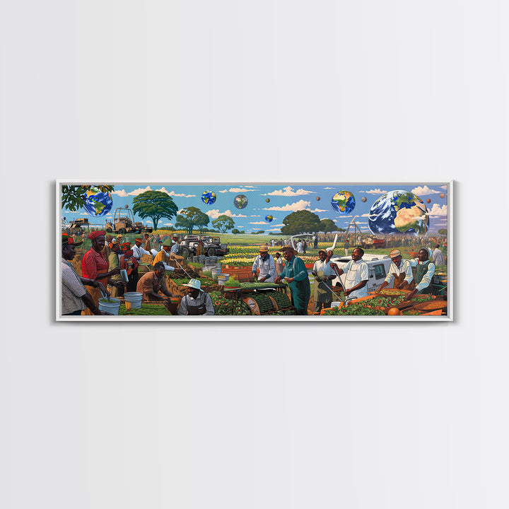 Futuristic African Farmers And Market Globes Canvas Print, Afrocentric Wall Art, Black Culture Decor, Vibrant Living Room Gift