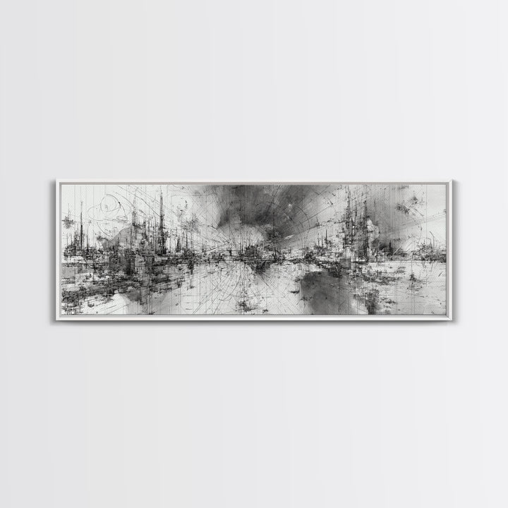 Black And White Abstract City Skyline Wall Art, Modern Canvas Print, Minimalist Office Decor, Urban Gallery Statement Gift