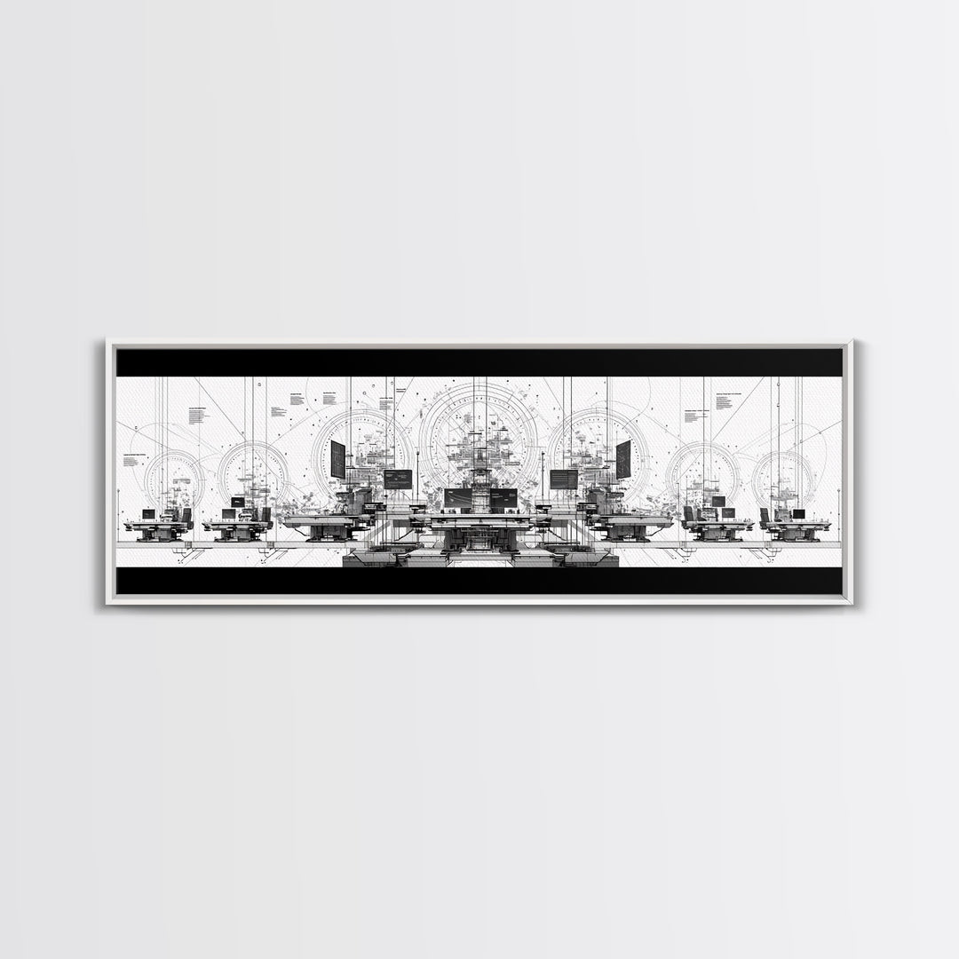 Black White Futuristic Control Room Framed Canvas Print, Modern Wall Art, Office Decor, Geometric Schematic Tech Art Gift