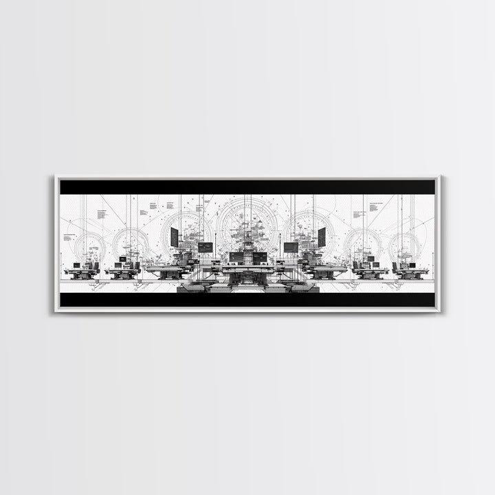 Black White Futuristic Control Room Framed Canvas Print, Modern Wall Art, Office Decor, Geometric Schematic Tech Art Gift