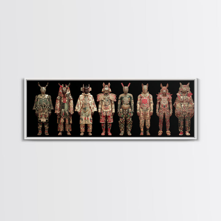 Ornate Masked African Warrior Lineup Canvas Print, African Tribal Art, African Mask Art, Bold Home Decor, Cultural Wall Art