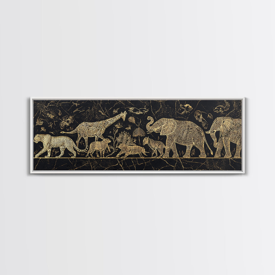 Gold Safari Animals On Black Wall Art, African Elephant, African Giraffes, Jungle African, Luxury Canvas Art, Safari Decor