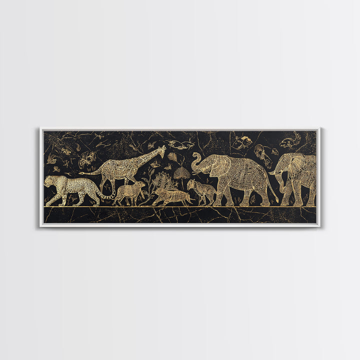 Gold Safari Animals On Black Wall Art, African Elephant, African Giraffes, Jungle African, Luxury Canvas Art, Safari Decor