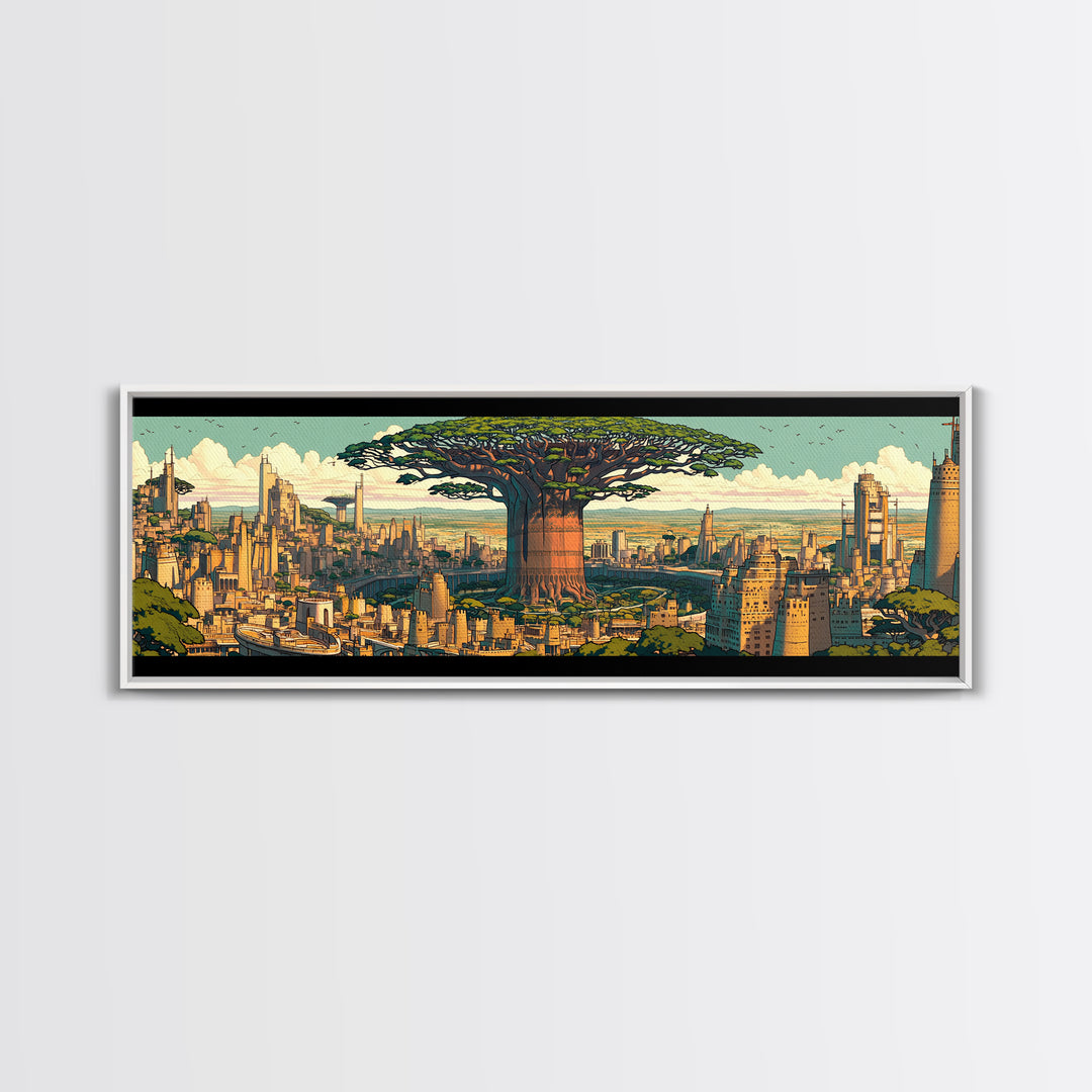 Colossal Baobab In Golden Futuristic City Framed Canvas Print, African Wall Art, Modern Afrocentric Office Decor, Large Statement Piece