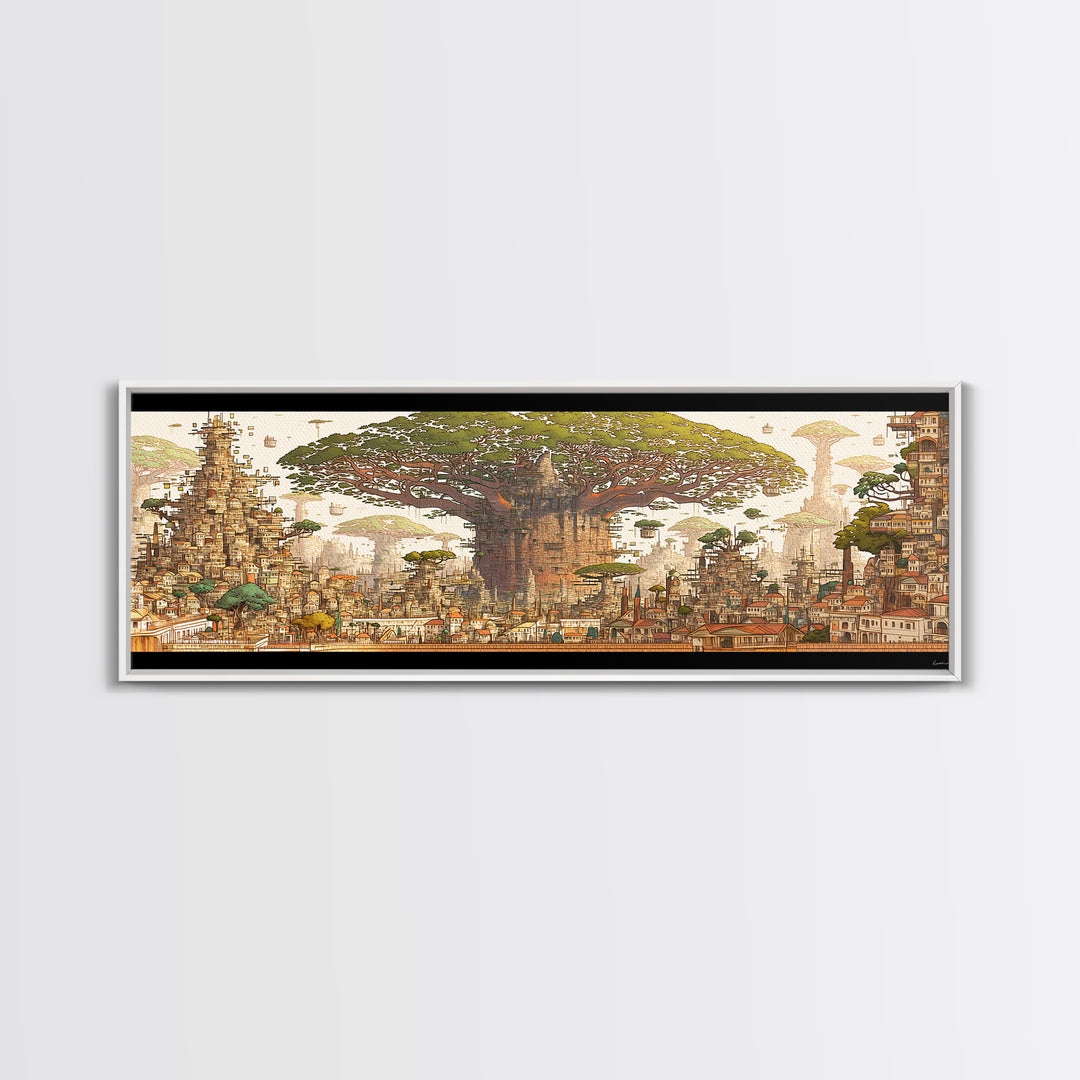 Ancient Baobab Rising Through African City Wall Art, Sepia Fantasy Landscape, Cultural Home Decor, Panoramic Print, Gallery Wall Decor
