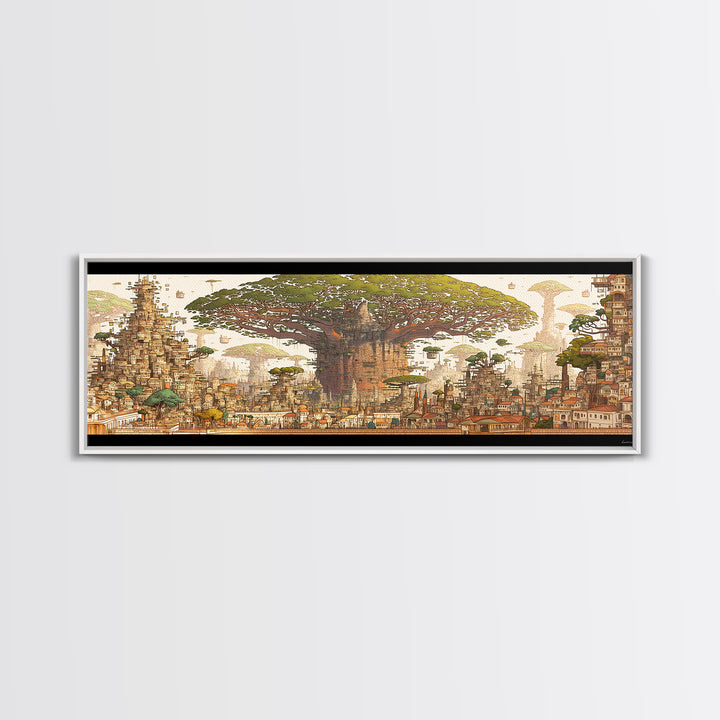 Ancient Baobab Rising Through African City Wall Art, Sepia Fantasy Landscape, Cultural Home Decor, Panoramic Print, Gallery Wall Decor