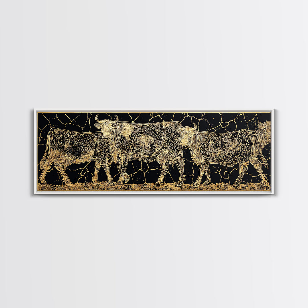Gold Engraved African Cattle Herd Canvas Print, Black And Gold Safari Animal Art, Rustic Farmhouse Wall Decor Gift For Him