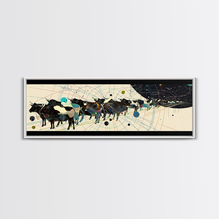 Abstract African Cattle Herd With Geometric Map Lines Framed Canvas Print, Modern Black Wall Art, Contemporary Office Decor