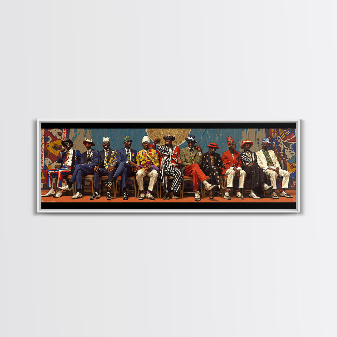 Seated African Dandy Chiefs In Colorful Suits Framed Canvas Print, Afrocentric Wall Decor, Black Culture Statement Art Gift