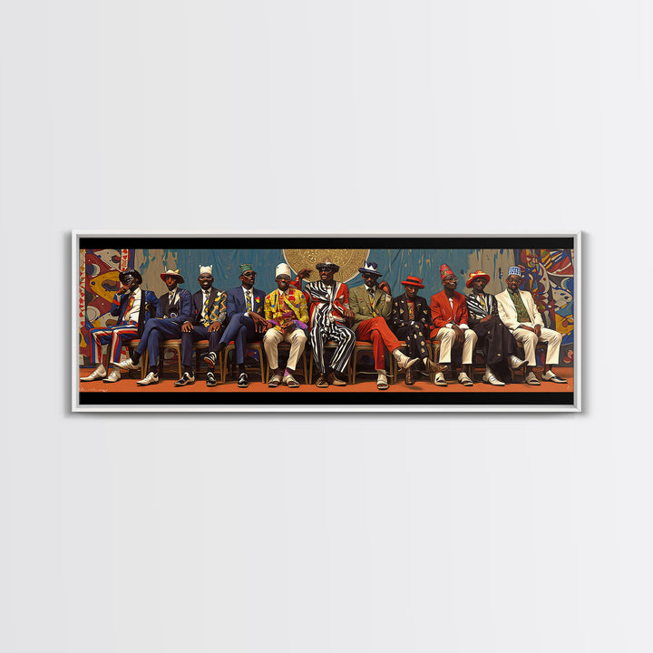 Seated African Dandy Chiefs In Colorful Suits Framed Canvas Print, Afrocentric Wall Decor, Black Culture Statement Art Gift