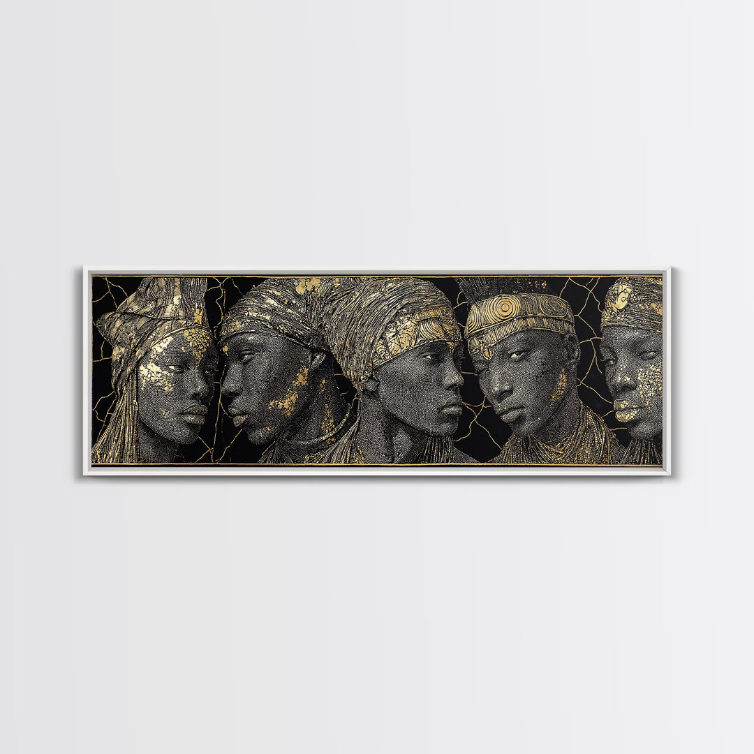 Gold Etched African Elder Profiles On Black Canvas Print, Elegant Tribal Portrait Wall Art, Luxury Afrocentric Home Decor