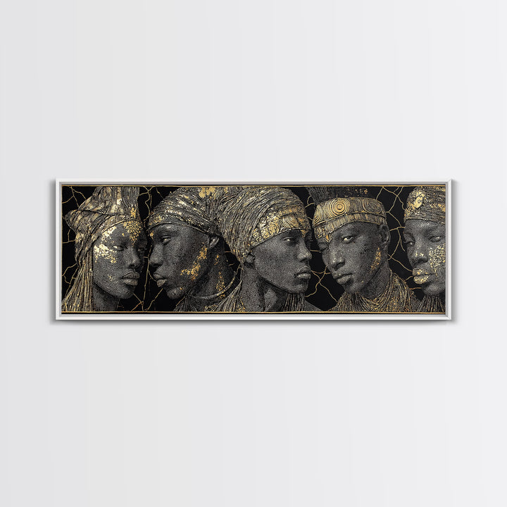 Gold Etched African Elder Profiles On Black Canvas Print, Elegant Tribal Portrait Wall Art, Luxury Afrocentric Home Decor