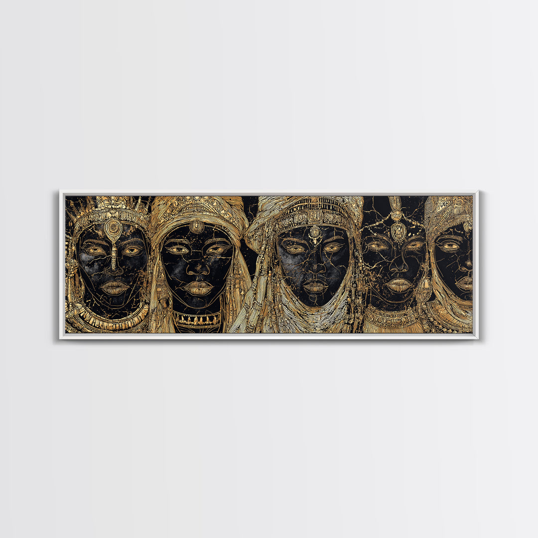 Regal Black And Gold African Queen Faces Framed Canvas Print, Goddess Portrait Wall Art, Luxury Afrocentric Home Decor Gift
