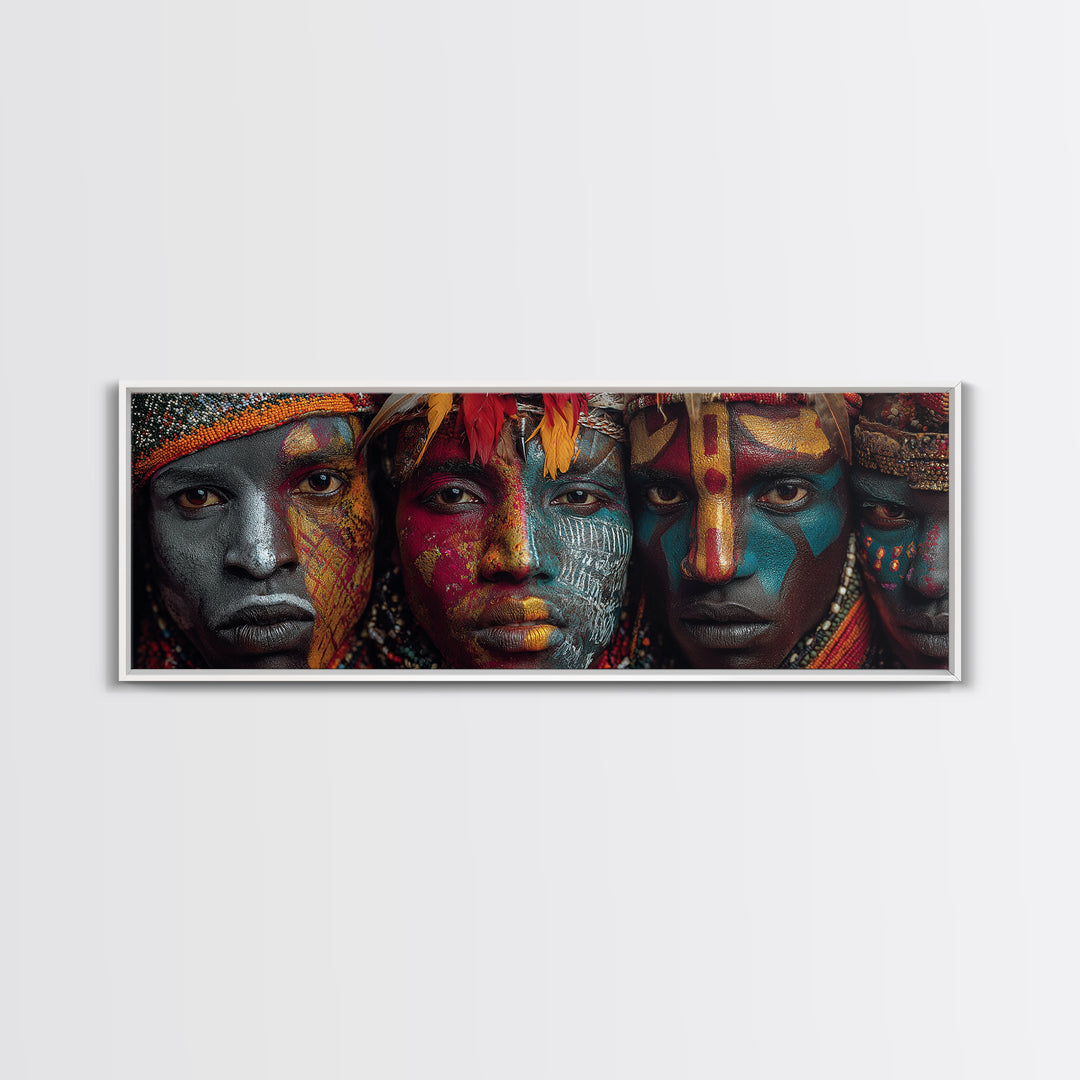 Intense Tribal Painted Faces With Feathers Wall Art, African Warrior Portrait Canvas Print, Bold Afrocentric Home Decor Gift