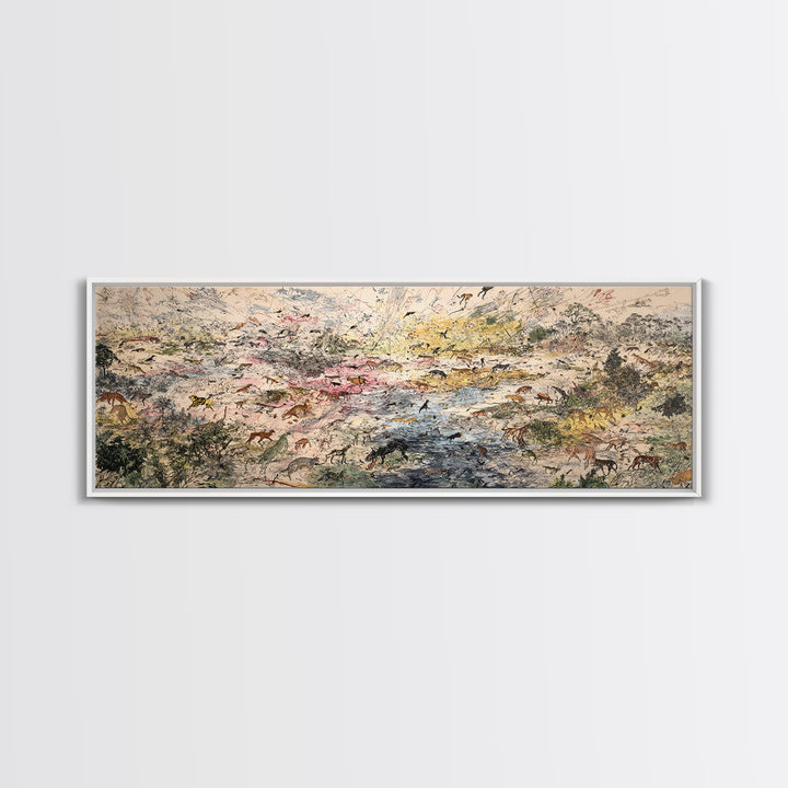 Abstract African Safari Landscape Canvas Print, Earth Tone Wildlife Migration Scene, Modern Home Decor For Living Room Wall