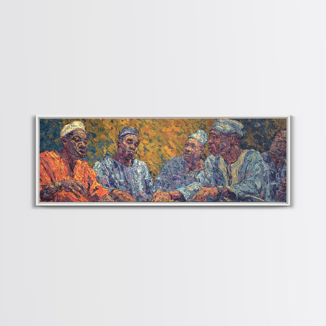 Elder African Men In Blue Robes Framed Canvas Print, Expressive Portrait Wall Decor, Cultural Painting, Afrocentric Art Gift
