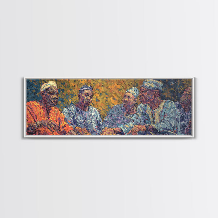 Elder African Men In Blue Robes Framed Canvas Print, Expressive Portrait Wall Decor, Cultural Painting, Afrocentric Art Gift