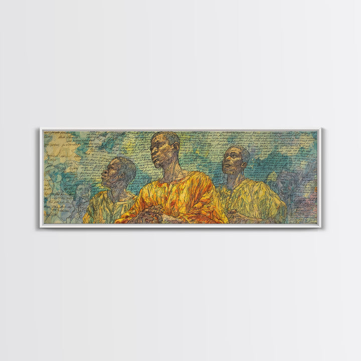 Three African Men Portrait Wall Art, Handwritten Script Texture, Yellow Blue Cultural Decor, Modern Afrocentric Canvas Print