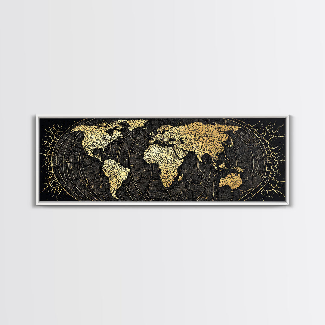 Gold Cracked World Map On Black Canvas Print, African Travel Wall Art, Luxury Home Decor, Modern Office Decor, Gift For Him